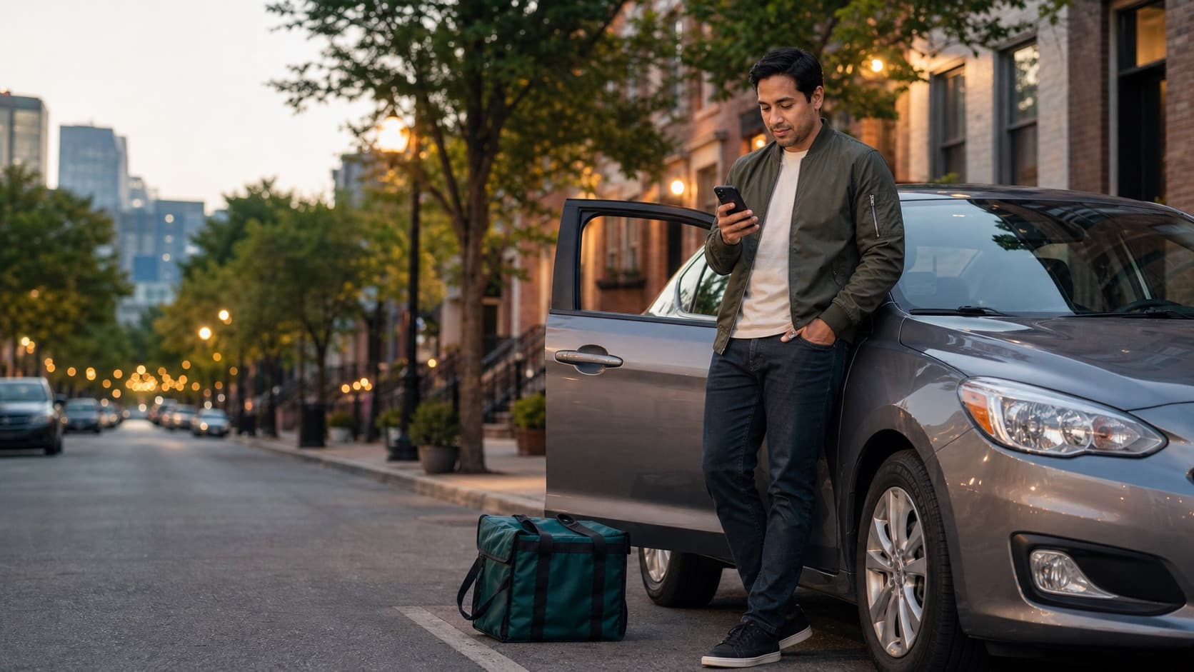 Gig driver standing beside a car and checking a phone in a city neighborhood
